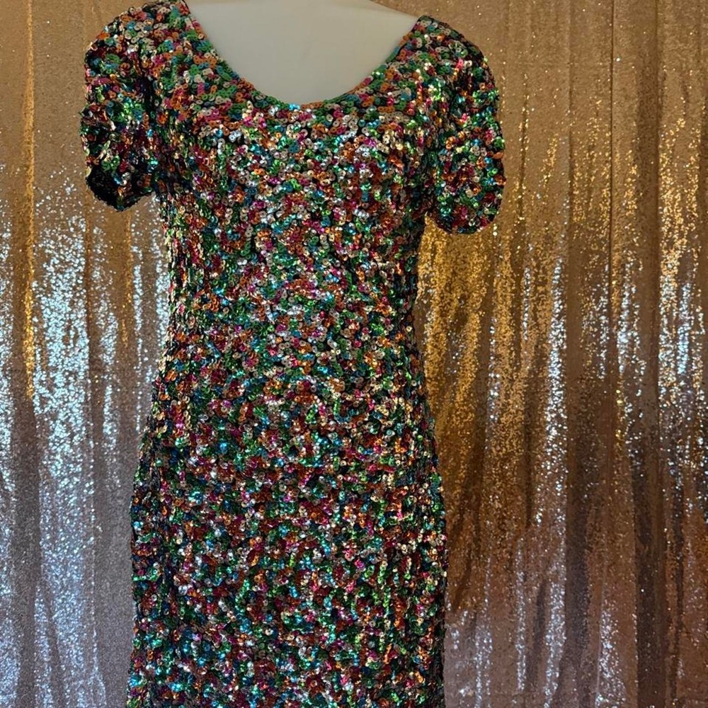 Multicolor Sequin V-Neck Cocktail Dress Short Puff Sleeve Party Gown/One Size